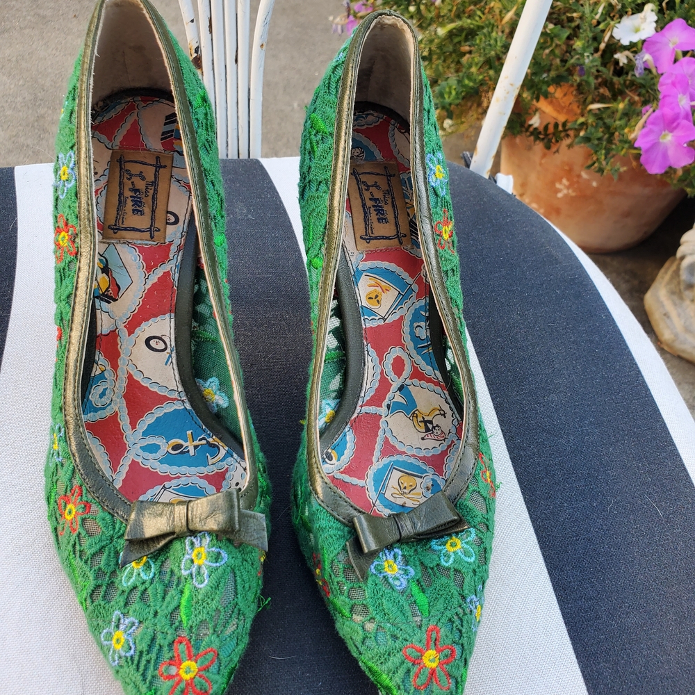 Miss L Fire Green Floral Lace Heels